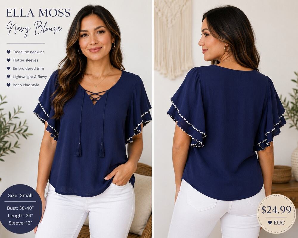 Ella Moss Navy Blue Boho Peasant Blouse Tassel Tie Flutter Sleeve Embroidered SM